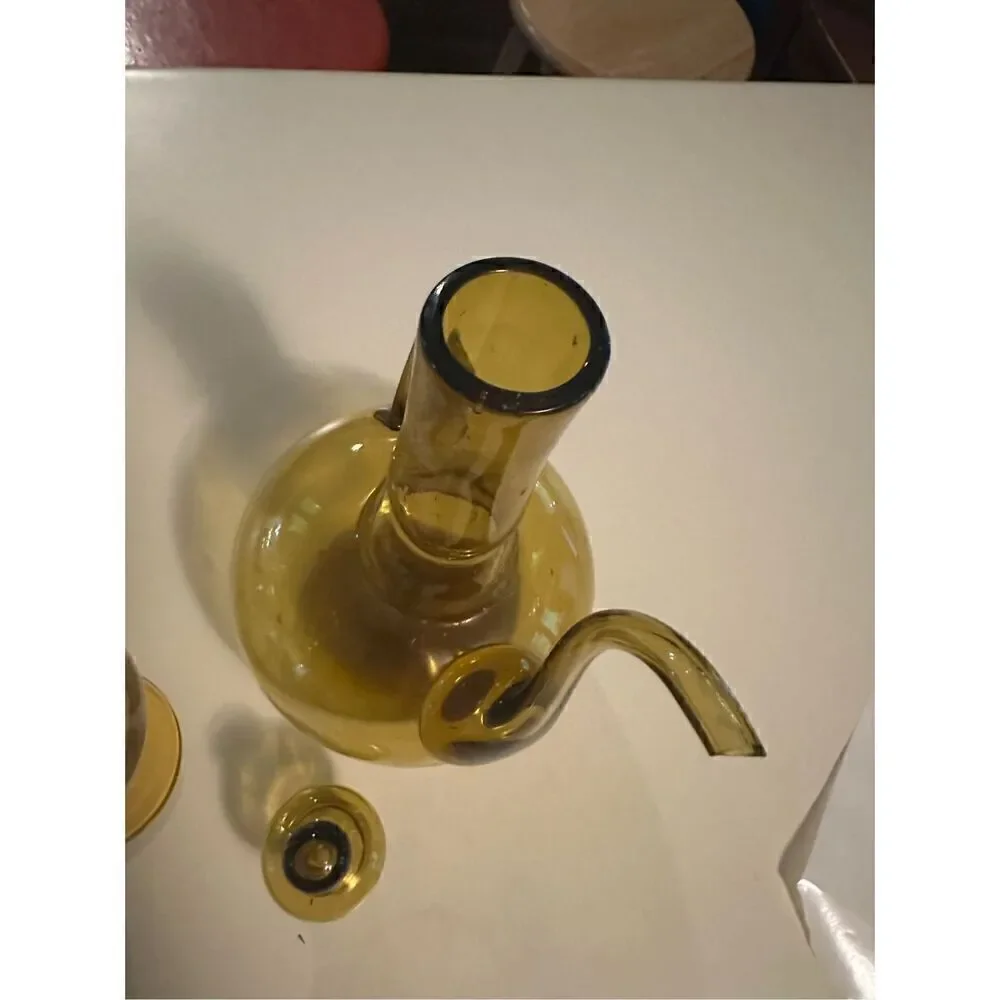 Vintage Cruet Side Spout Amber Glass Decanter  Pitcher Handblown & 2 Glasses MCM